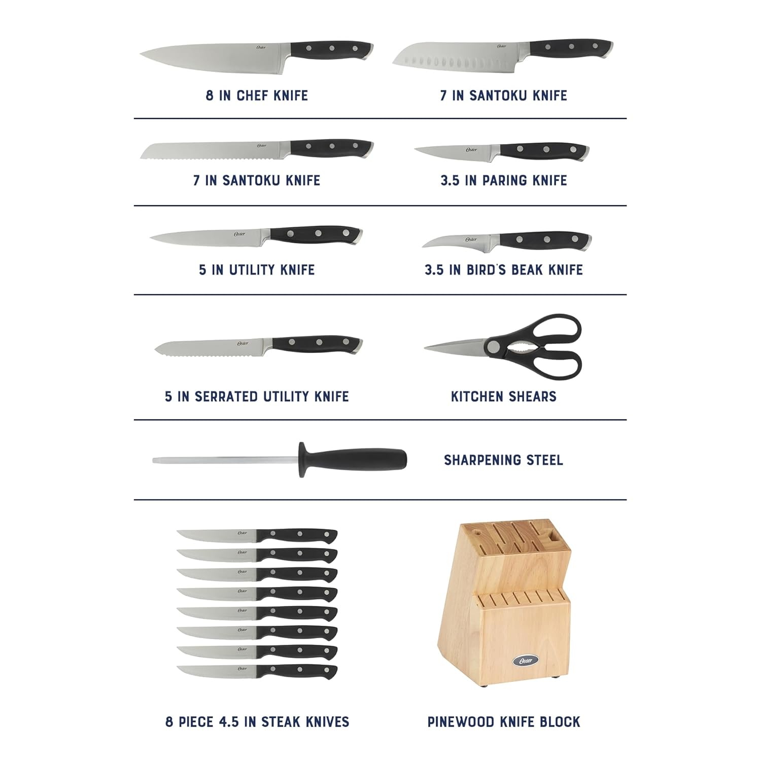 image:imageOster Ginley 18 Piece High Carbon Stainless Steel Cutlery Kitchen Knife Block Set wABS Triple Riveted Forged Handle Wood Block Black Cuchillos Para CocinaBlack Ginley