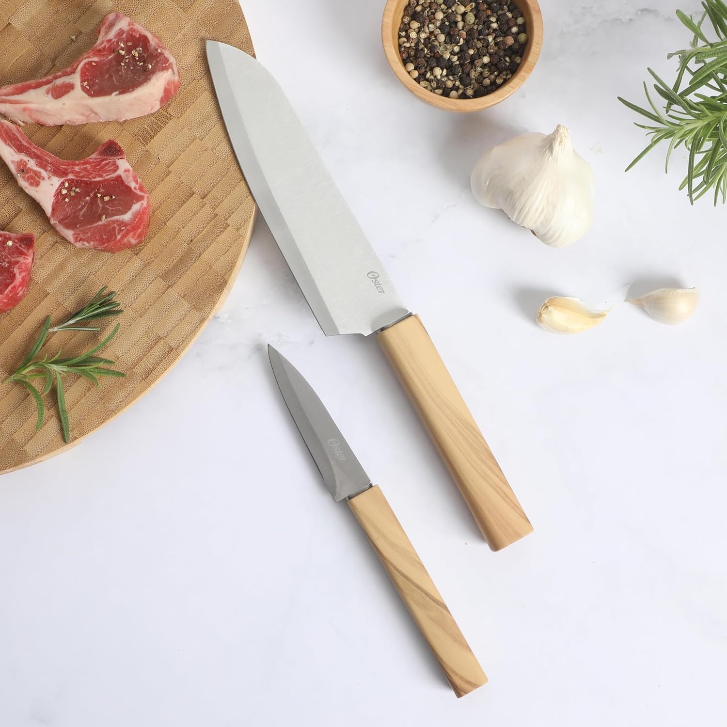 image:imageOster Ginley 18 Piece High Carbon Stainless Steel Cutlery Kitchen Knife Block Set wABS Triple Riveted Forged Handle Wood Block Black Cuchillos Para CocinaOlive Wood 2pc ChefParing