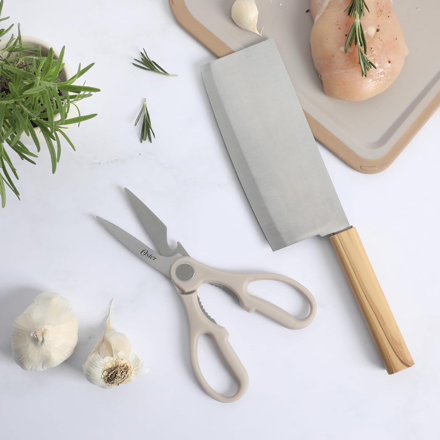 image:imageOster Ginley 18 Piece High Carbon Stainless Steel Cutlery Kitchen Knife Block Set wABS Triple Riveted Forged Handle Wood Block Black Cuchillos Para CocinaOlive Wood 2pc CleaverShears