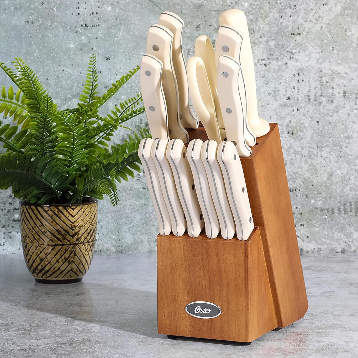 image:imageOster Ginley 18 Piece High Carbon Stainless Steel Cutlery Kitchen Knife Block Set wABS Triple Riveted Forged Handle Wood Block Black Cuchillos Para CocinaLinen White Evansville