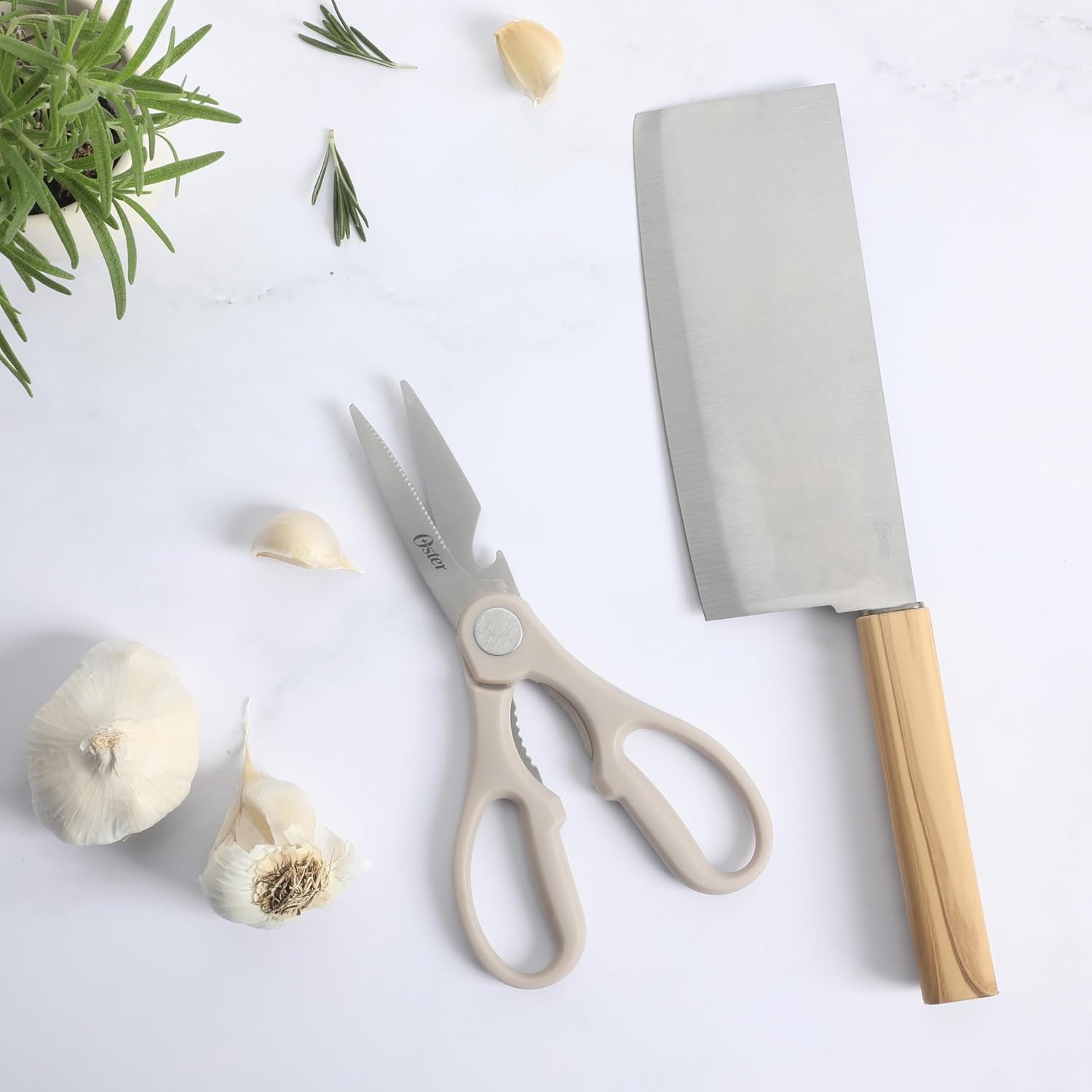 image:imageOster Ginley 18 Piece High Carbon Stainless Steel Cutlery Kitchen Knife Block Set wABS Triple Riveted Forged Handle Wood Block Black Cuchillos Para CocinaOlive Wood 2pc CleaverShears