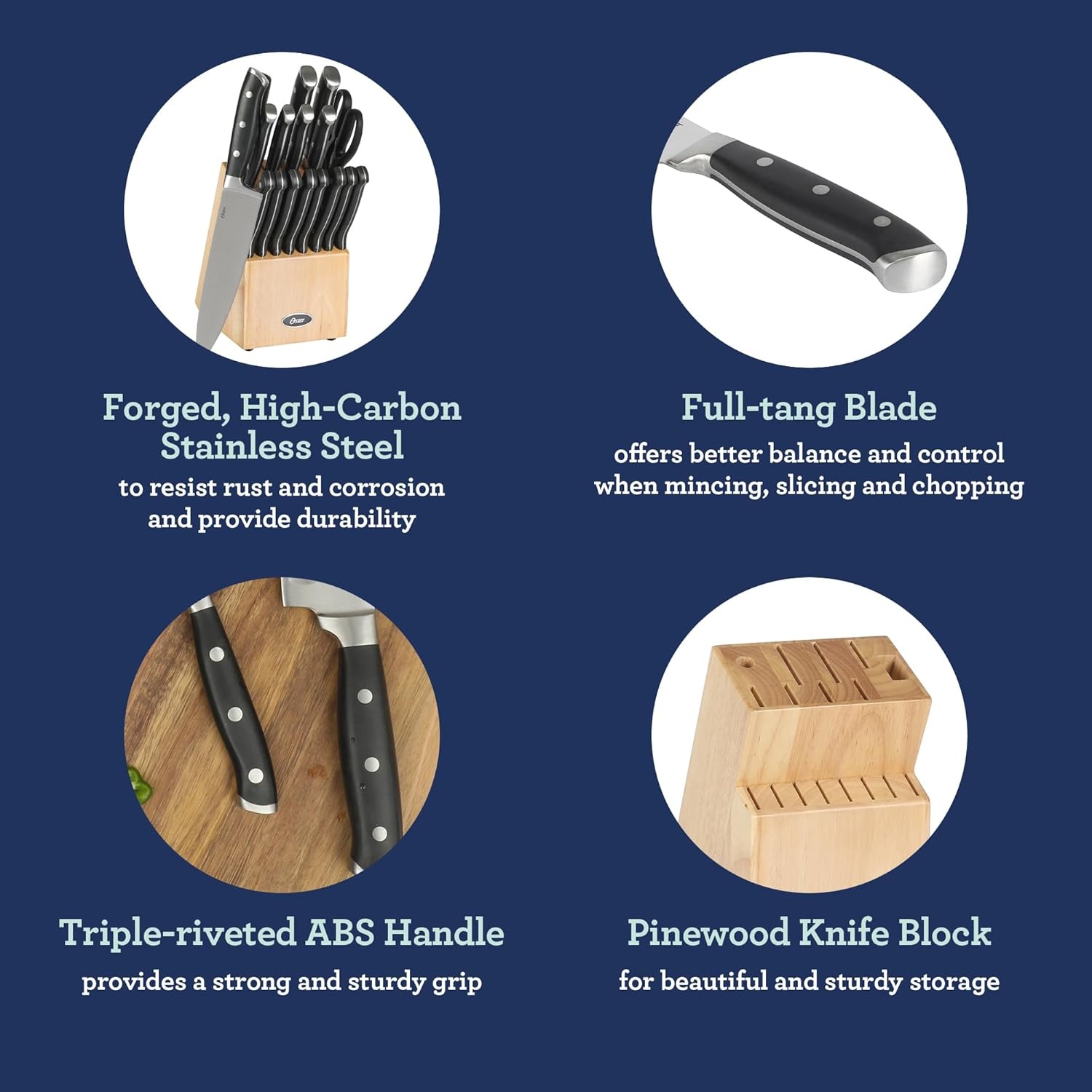 image:imageOster Ginley 18 Piece High Carbon Stainless Steel Cutlery Kitchen Knife Block Set wABS Triple Riveted Forged Handle Wood Block Black Cuchillos Para CocinaBlack Ginley