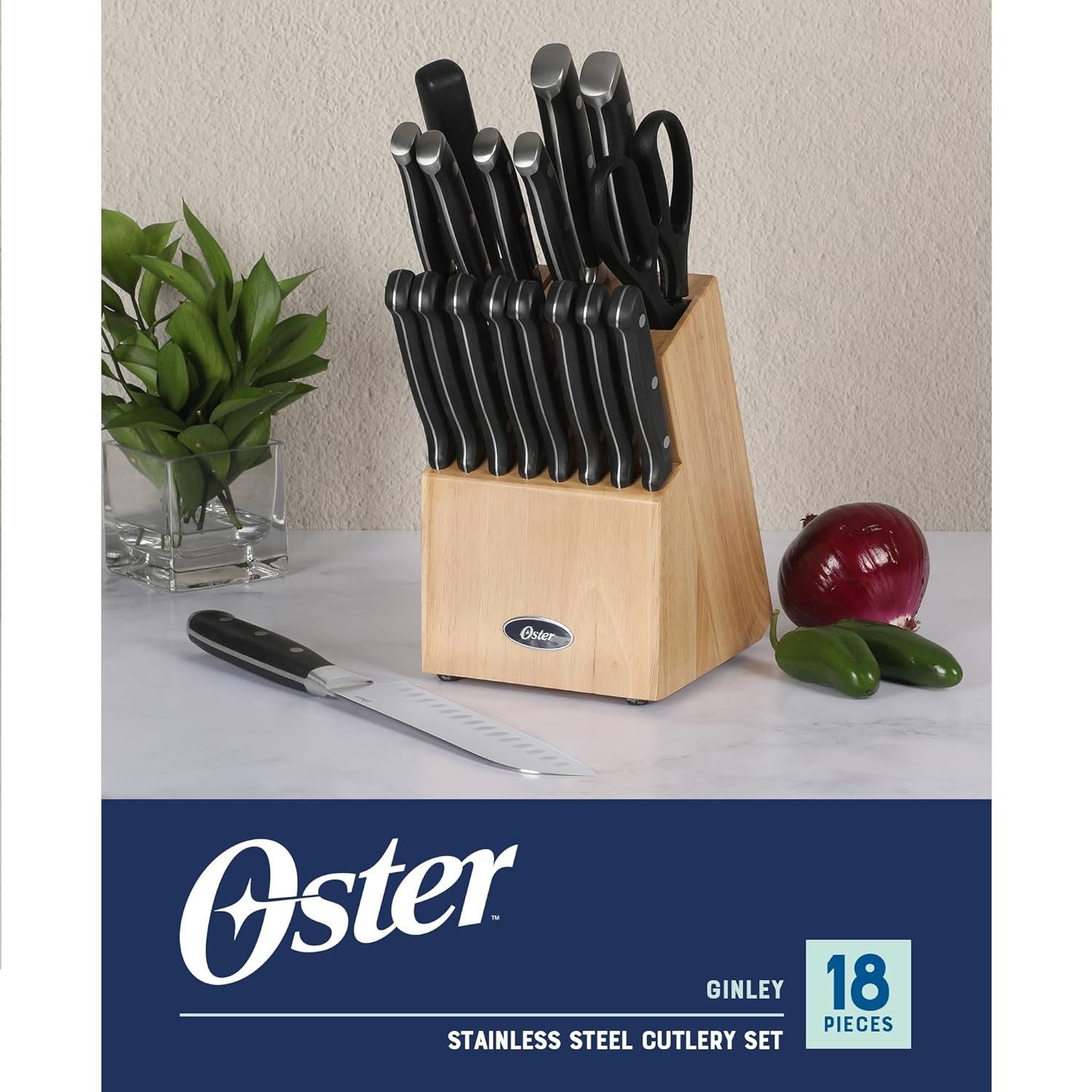 image:imageOster Ginley 18 Piece High Carbon Stainless Steel Cutlery Kitchen Knife Block Set wABS Triple Riveted Forged Handle Wood Block Black Cuchillos Para CocinaBlack Ginley