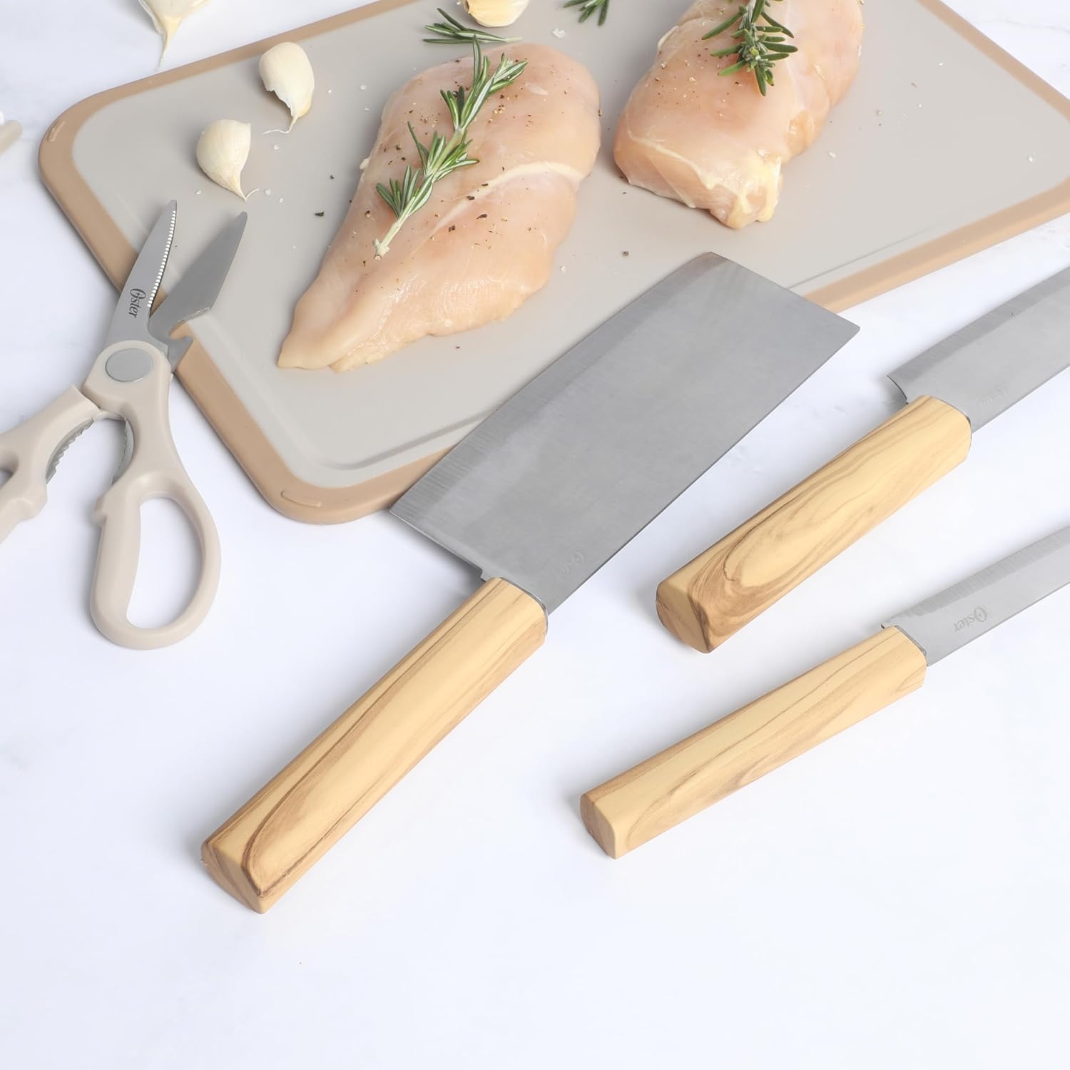 image:imageOster Ginley 18 Piece High Carbon Stainless Steel Cutlery Kitchen Knife Block Set wABS Triple Riveted Forged Handle Wood Block Black Cuchillos Para CocinaOlive Wood 6pc