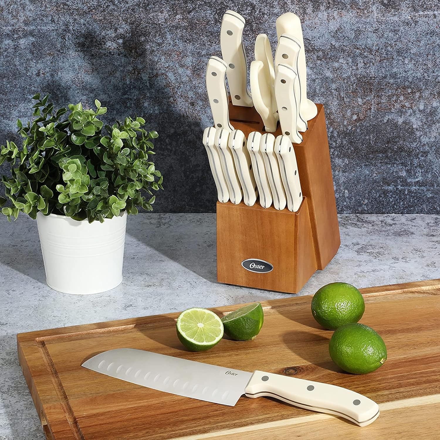 image:imageOster Ginley 18 Piece High Carbon Stainless Steel Cutlery Kitchen Knife Block Set wABS Triple Riveted Forged Handle Wood Block Black Cuchillos Para CocinaLinen White Evansville