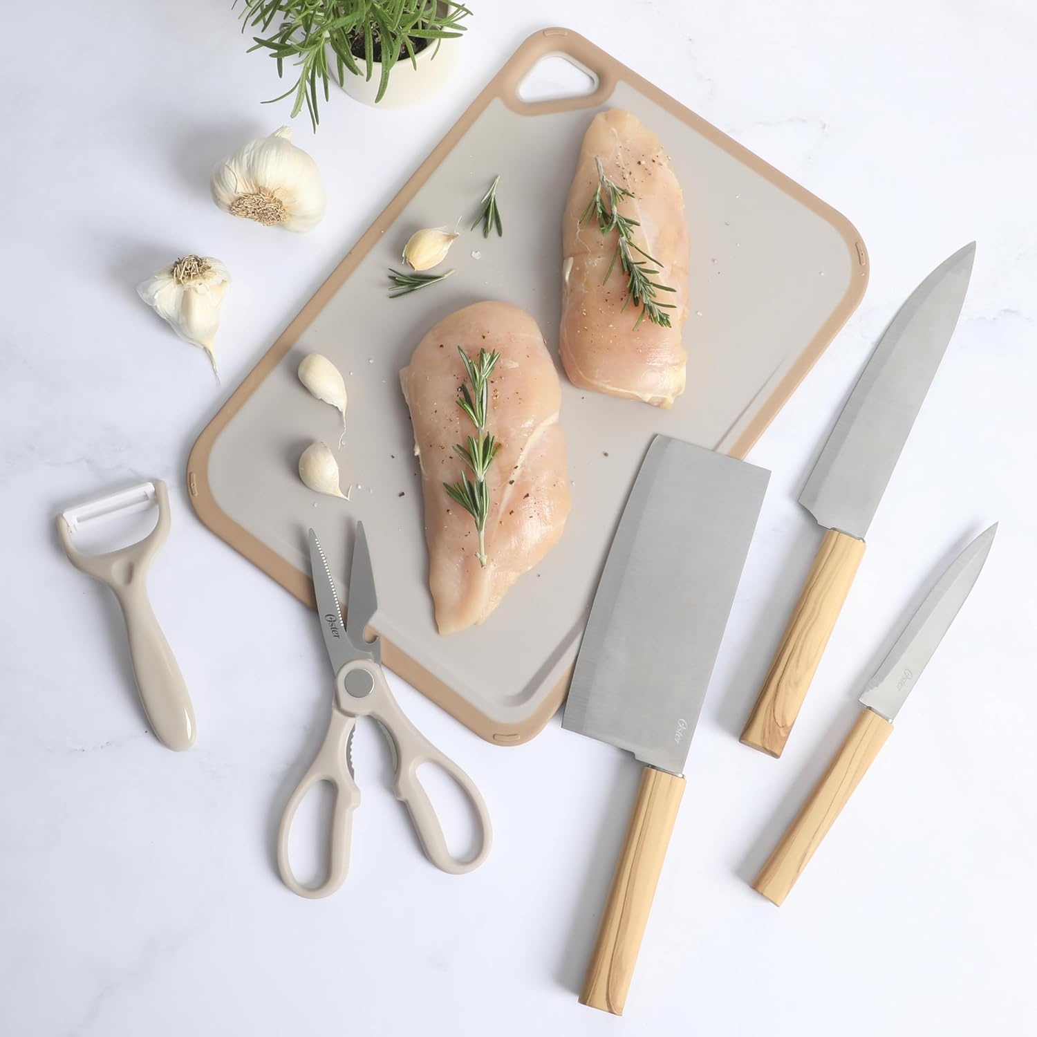 image:imageOster Ginley 18 Piece High Carbon Stainless Steel Cutlery Kitchen Knife Block Set wABS Triple Riveted Forged Handle Wood Block Black Cuchillos Para CocinaOlive Wood 6pc