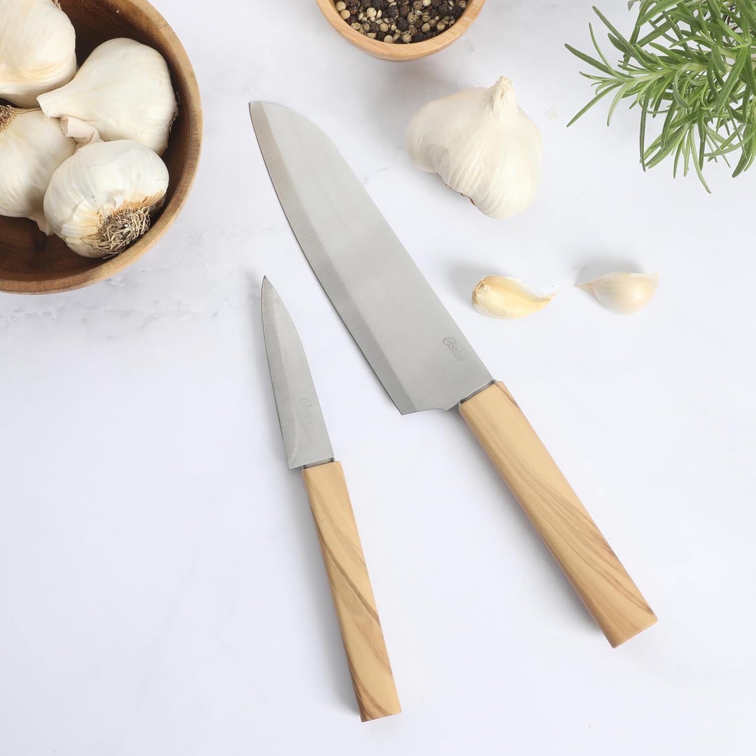 image:imageOster Ginley 18 Piece High Carbon Stainless Steel Cutlery Kitchen Knife Block Set wABS Triple Riveted Forged Handle Wood Block Black Cuchillos Para CocinaOlive Wood 2pc ChefParing