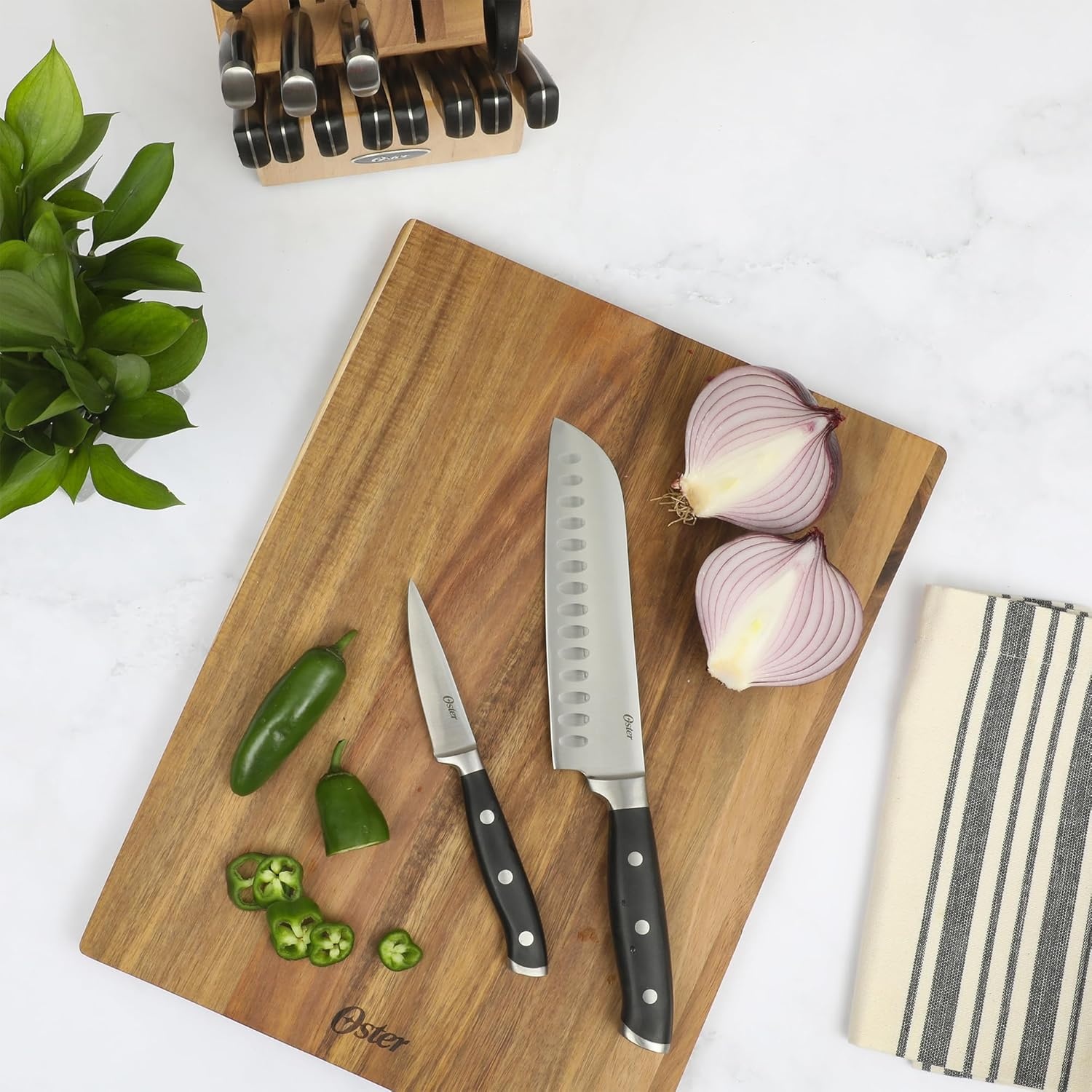 image:imageOster Ginley 18 Piece High Carbon Stainless Steel Cutlery Kitchen Knife Block Set wABS Triple Riveted Forged Handle Wood Block Black Cuchillos Para CocinaBlack Ginley