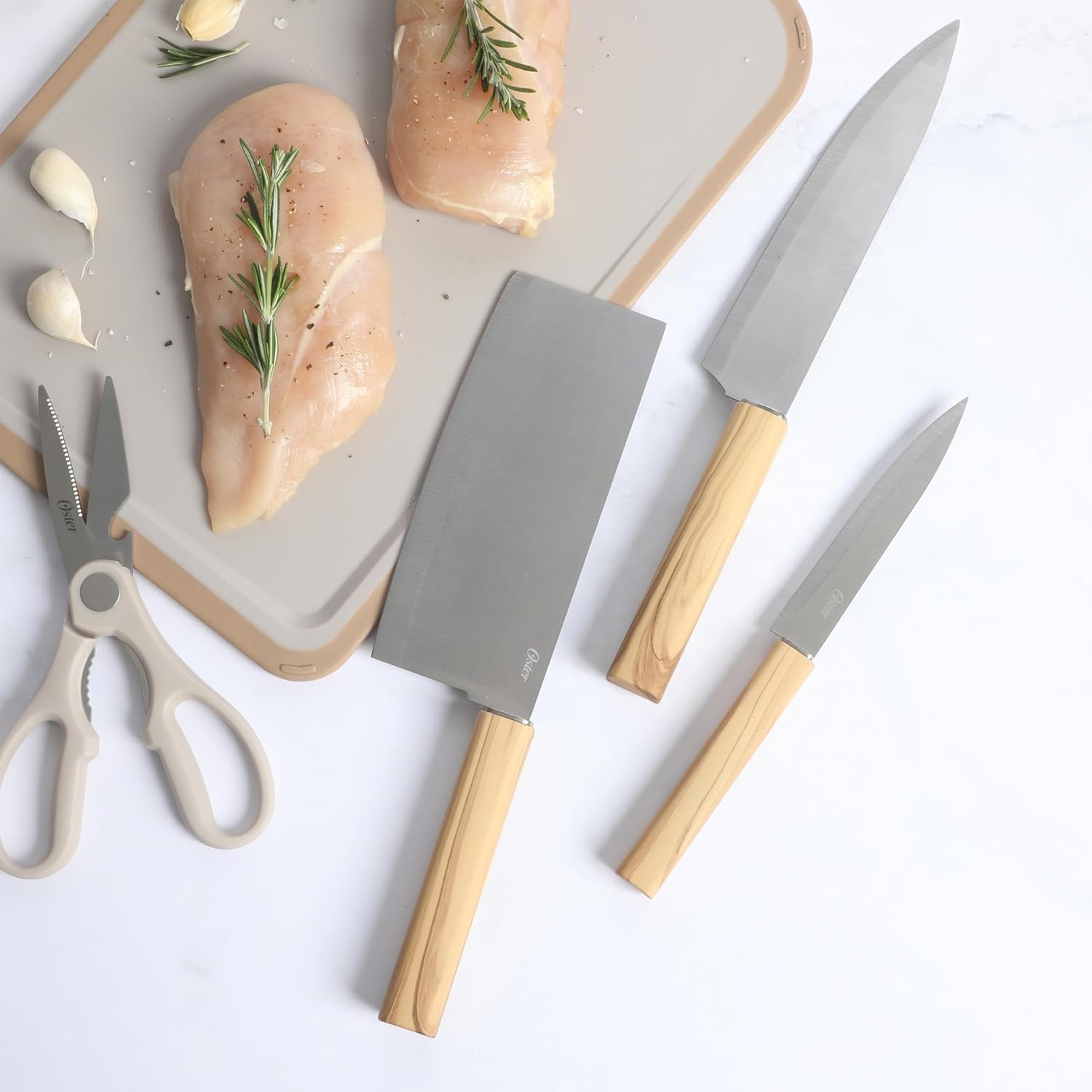 image:imageOster Ginley 18 Piece High Carbon Stainless Steel Cutlery Kitchen Knife Block Set wABS Triple Riveted Forged Handle Wood Block Black Cuchillos Para CocinaOlive Wood 6pc