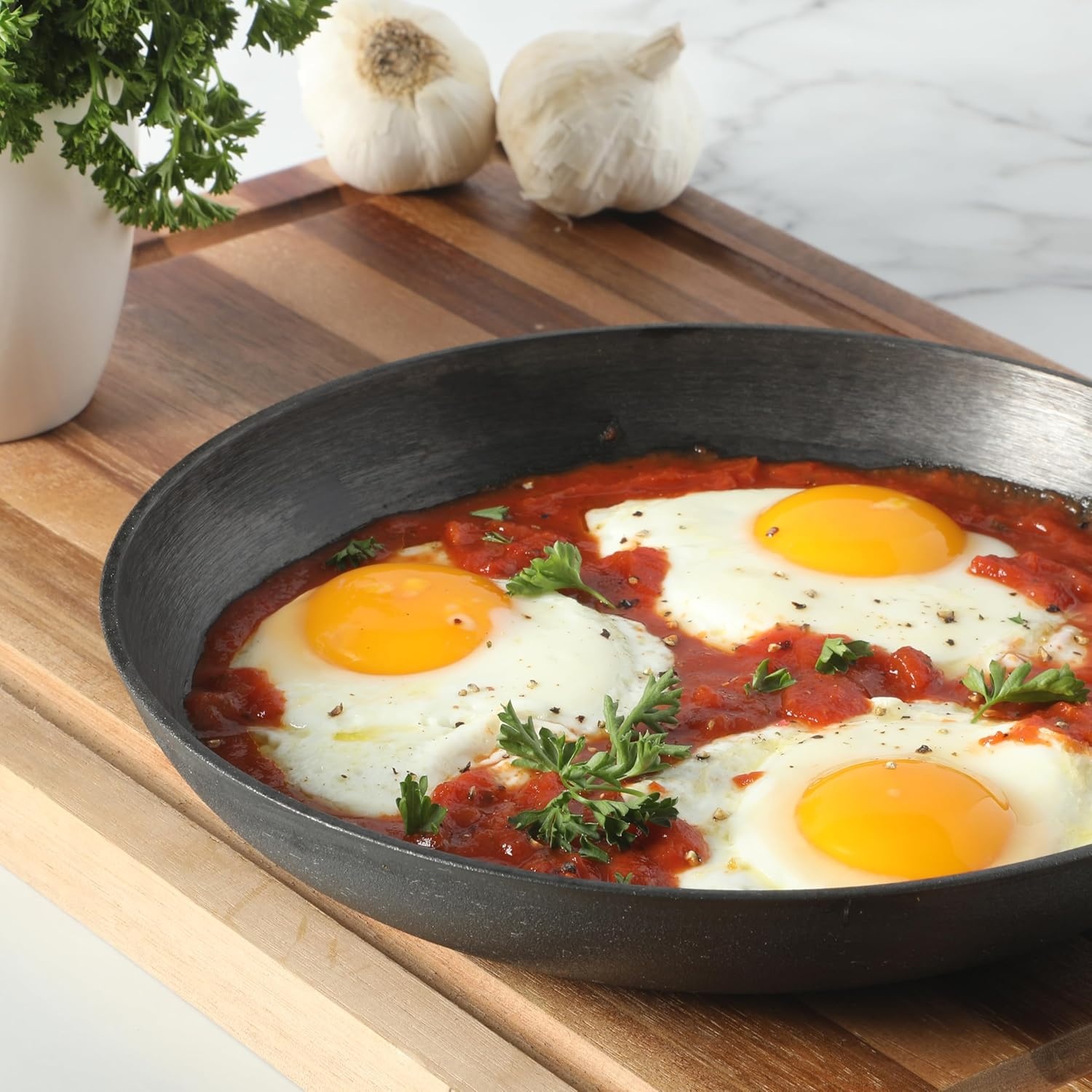 image:imageOster Platinum Flintfield 95 Inch PreSeasoned Cast Iron Skillet with Wood Handle Natural Nonstick Lightweight Cast Iron Frying Pan for Searing Sauting amp Everyday Cooking