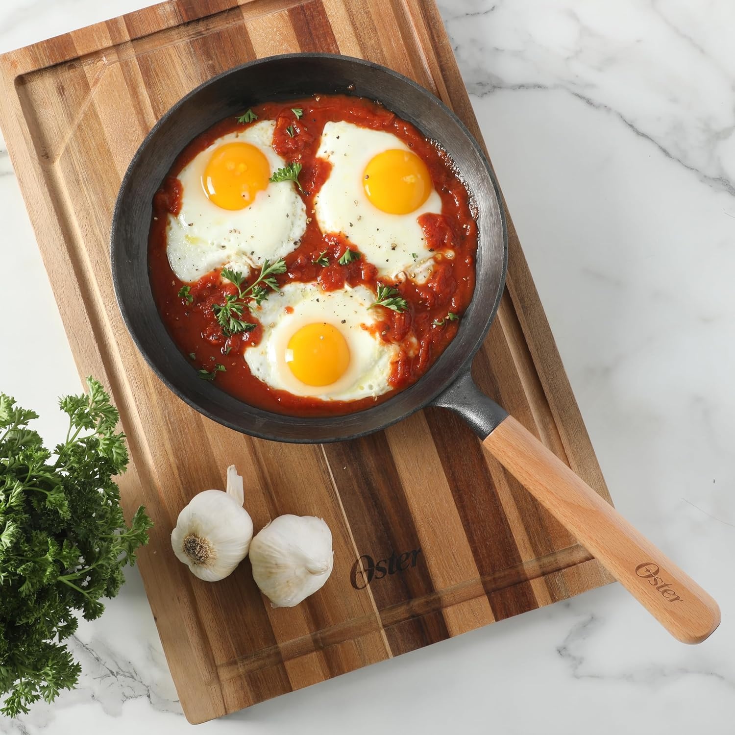 image:imageOster Platinum Flintfield 95 Inch PreSeasoned Cast Iron Skillet with Wood Handle Natural Nonstick Lightweight Cast Iron Frying Pan for Searing Sauting amp Everyday Cooking