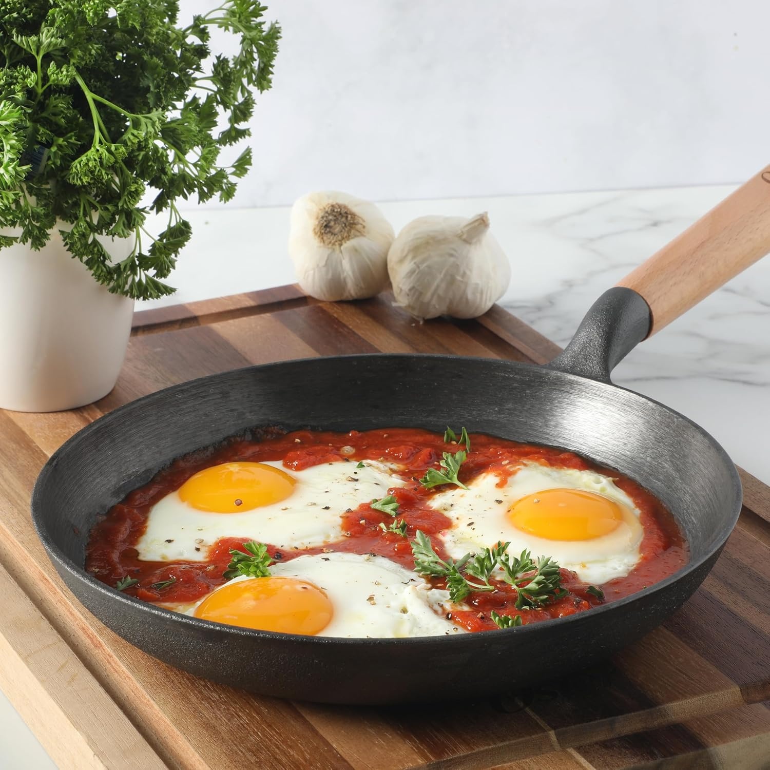 image:imageOster Platinum Flintfield 95 Inch PreSeasoned Cast Iron Skillet with Wood Handle Natural Nonstick Lightweight Cast Iron Frying Pan for Searing Sauting amp Everyday Cooking