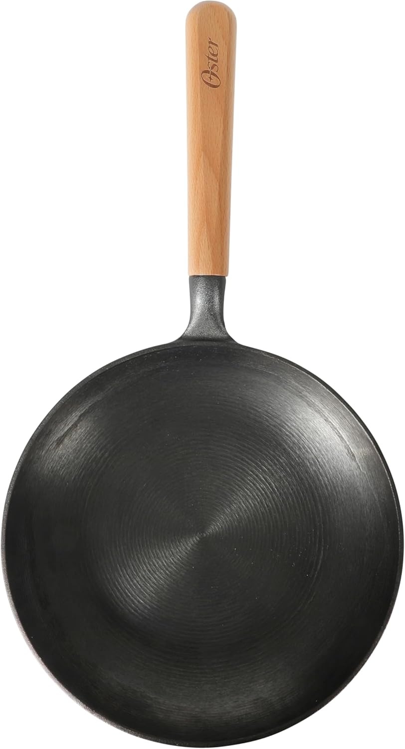 image:imageOster Platinum Flintfield 95 Inch PreSeasoned Cast Iron Skillet with Wood Handle Natural Nonstick Lightweight Cast Iron Frying Pan for Searing Sauting amp Everyday Cooking