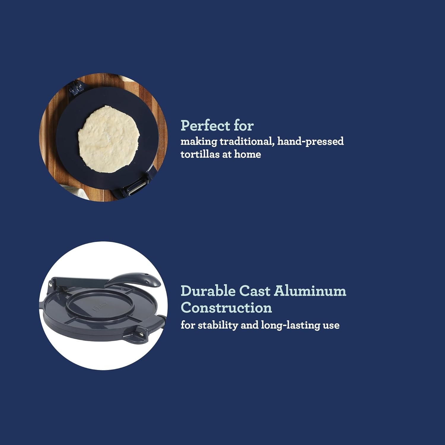 image:imageOster Ravello 8Inch Cast Aluminum Tortilla Press and Roti Maker Traditional Flatbread Press with Glossy Blue Finish