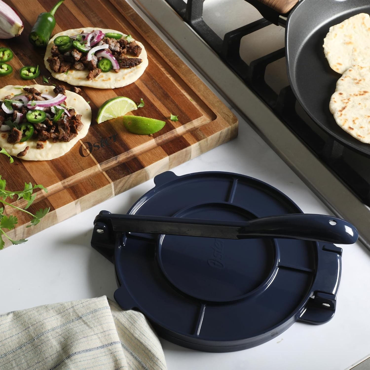 image:imageOster Ravello 8Inch Cast Aluminum Tortilla Press and Roti Maker Traditional Flatbread Press with Glossy Blue Finish