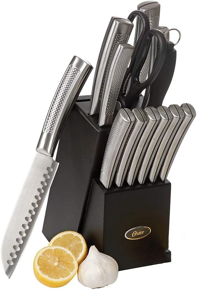 image:imageOster Wellisford Stainless Steel Kitchen Cutlery Set with Black Wood Block Holder and Knife Sharpener for Home Chef Cooking Cutting 14 Piece SilverBlackSilver
