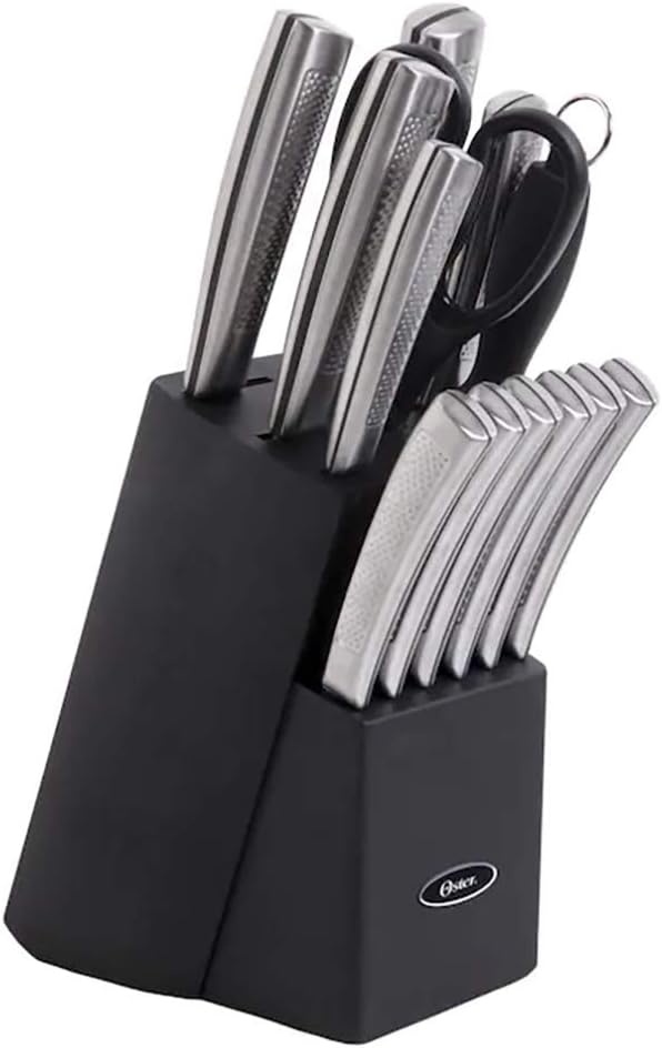 image:imageOster Wellisford Stainless Steel Kitchen Cutlery Set with Black Wood Block Holder and Knife Sharpener for Home Chef Cooking Cutting 14 Piece SilverBlackSilver