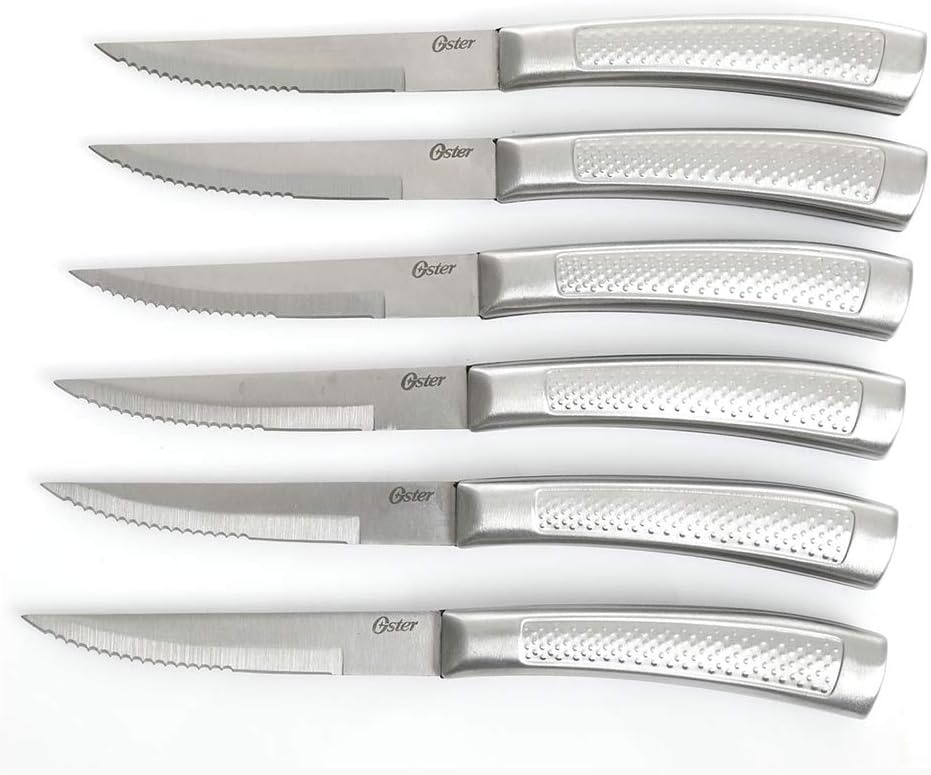 image:imageOster Wellisford Stainless Steel Kitchen Cutlery Set with Black Wood Block Holder and Knife Sharpener for Home Chef Cooking Cutting 14 Piece SilverBlackSilver
