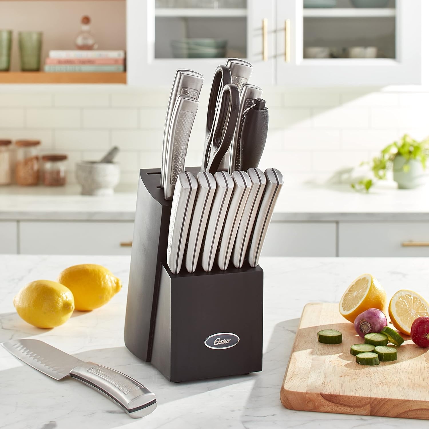 image:imageOster Wellisford Stainless Steel Kitchen Cutlery Set with Black Wood Block Holder and Knife Sharpener for Home Chef Cooking Cutting 14 Piece SilverBlackSilver