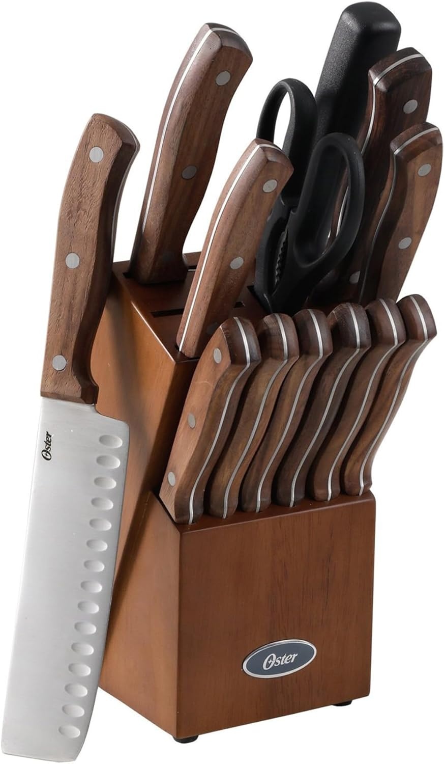 image:imageOster Wellisford Stainless Steel Kitchen Cutlery Set with Black Wood Block Holder and Knife Sharpener for Home Chef Cooking Cutting 14 Piece SilverWalnut