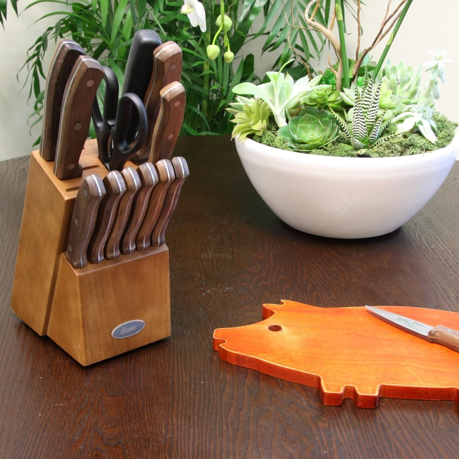 image:imageOster Wellisford Stainless Steel Kitchen Cutlery Set with Black Wood Block Holder and Knife Sharpener for Home Chef Cooking Cutting 14 Piece SilverWalnut