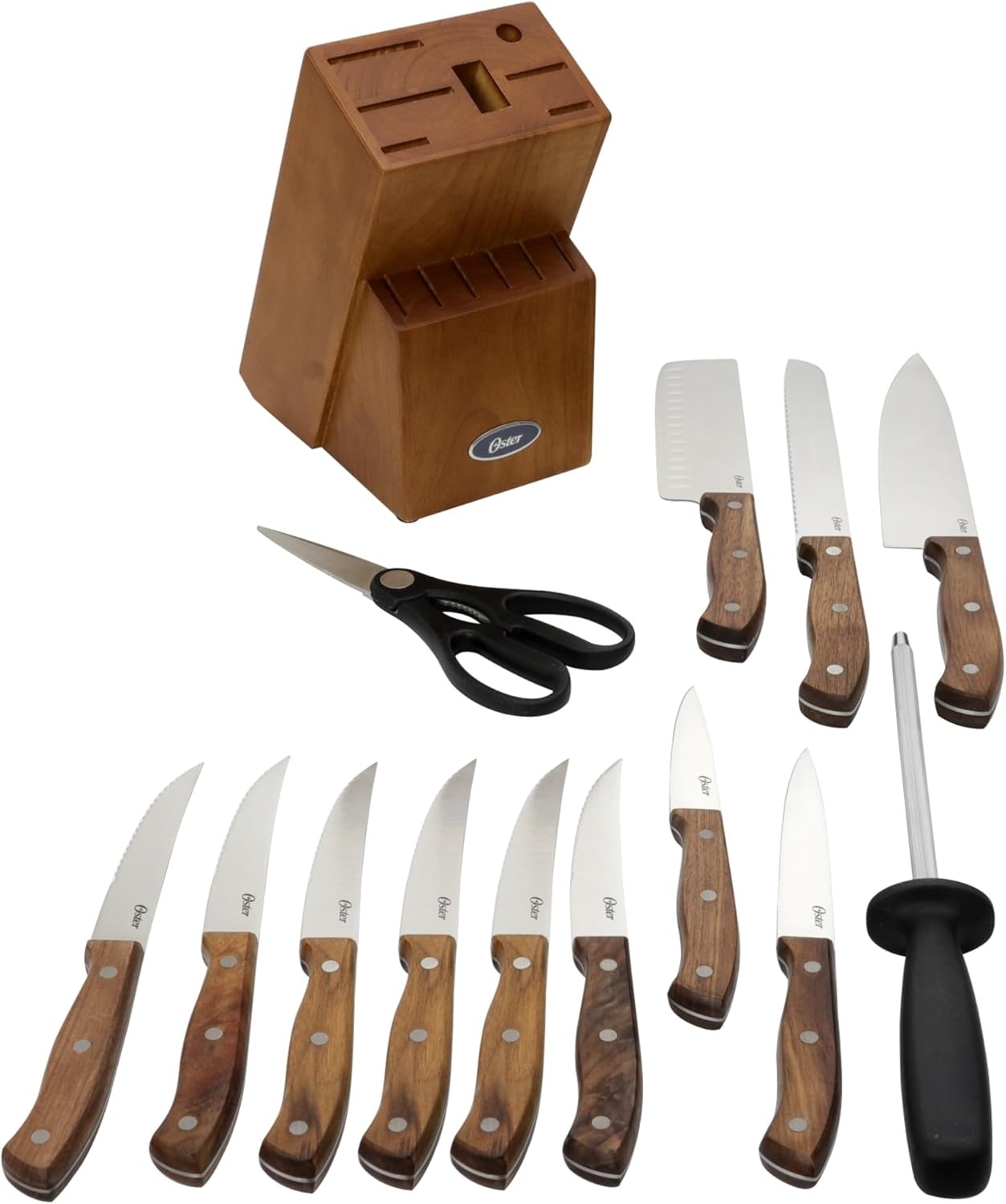 image:imageOster Wellisford Stainless Steel Kitchen Cutlery Set with Black Wood Block Holder and Knife Sharpener for Home Chef Cooking Cutting 14 Piece SilverWalnut