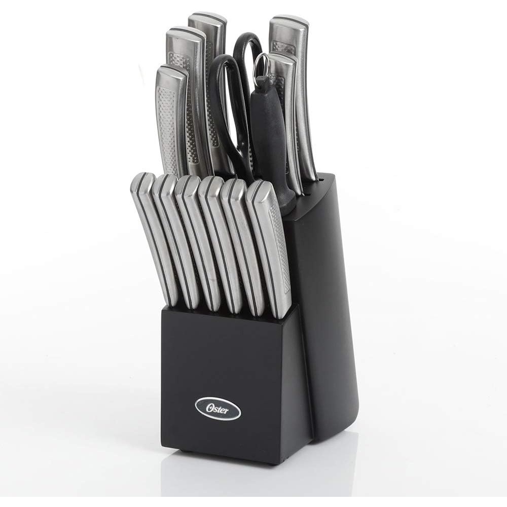 image:imageOster Wellisford Stainless Steel Kitchen Cutlery Set with Black Wood Block Holder and Knife Sharpener for Home Chef Cooking Cutting 14 Piece SilverBlackSilver