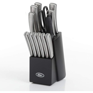 image:imageOster Wellisford Stainless Steel Kitchen Cutlery Set with Black Wood Block Holder and Knife Sharpener for Home Chef Cooking Cutting 14 Piece SilverBlackSilver
