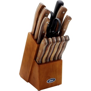 image:imageOster Wellisford Stainless Steel Kitchen Cutlery Set with Black Wood Block Holder and Knife Sharpener for Home Chef Cooking Cutting 14 Piece SilverWalnut